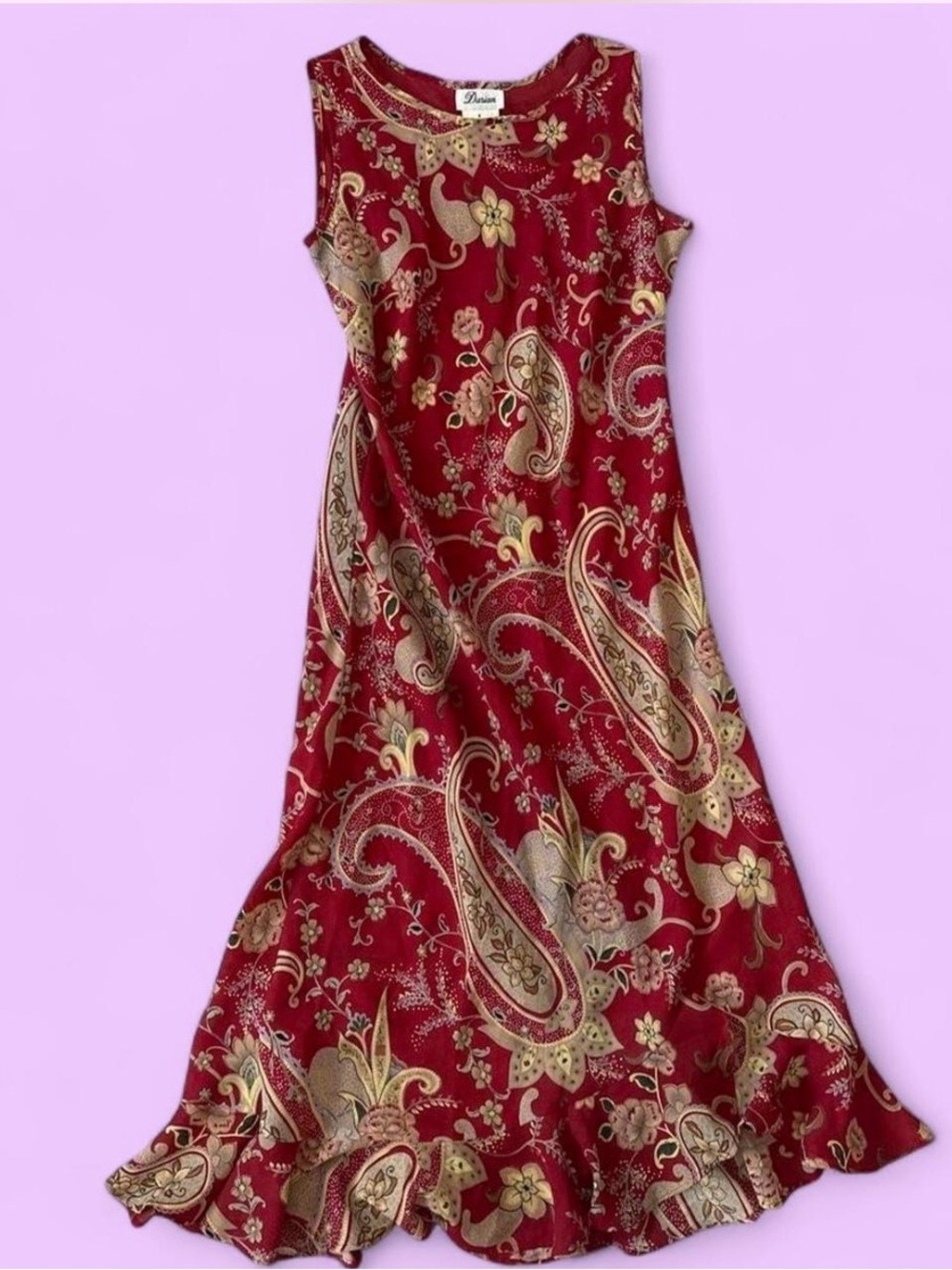 VINTAGE Red Paisley Midi Dress with Gold & Cream Accents